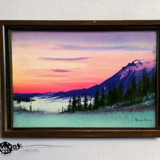 Image similar to beautiful vintage painting, whistler mountain sunset, boho, midcentury, modern, muted pastel colors, top lit, detailed, beautiful solid colors, edge to edge, full frame, intricate, elegant, highly detailed, smooth, sharp focus, high contrast, dramatic lighting, graphic novel, art by bob ross