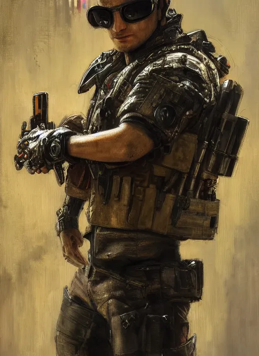 Prompt: buff Mr toad. cool cyberpunk toad soldier wearing a military vest and military gear (cyberpunk 2077). awesome toad. Iranian orientalist portrait by john william waterhouse and Edwin Longsden Long and Theodore Ralli and Nasreddine Dinet, oil on canvas. Cinematic, hyper realism, realistic proportions, dramatic lighting, high detail 4k