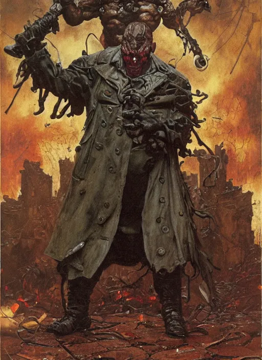 Prompt: dorian yates as doom hell baron wearing old trench coat and tattered pants, dynamic action, by lawrence alma tadema and zdzislaw beksinski and norman rockwell and jack kirby and tom lovell and greg staples