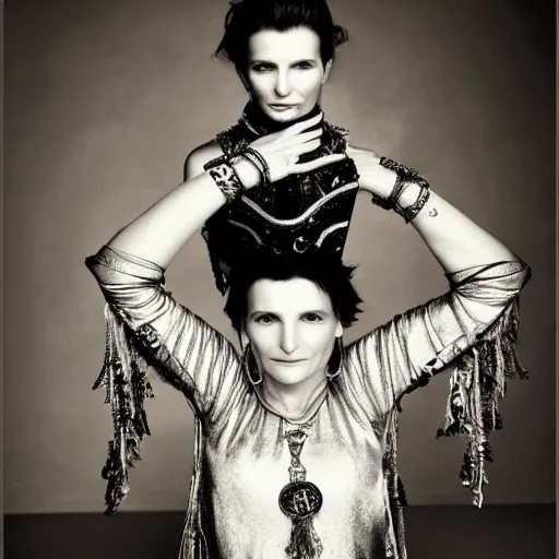 Image similar to Juliette Binoche wearing Mongolian armor, portrait, fashion photography, by Hedi Slimane