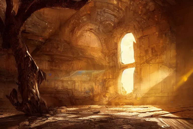 Image similar to an ancient heavily damaged space shuttle in the interior of an ancient courtyard an old oak tree grows inside the courtyard golden rays of sunlight enter through the window gold neon lights digital art trending artstation beautiful cinematic light
