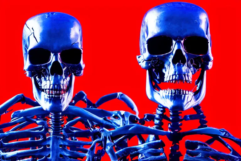 Image similar to terminator skeleton, computers on background. high detail, low saturated red and blue light, cinematic colors