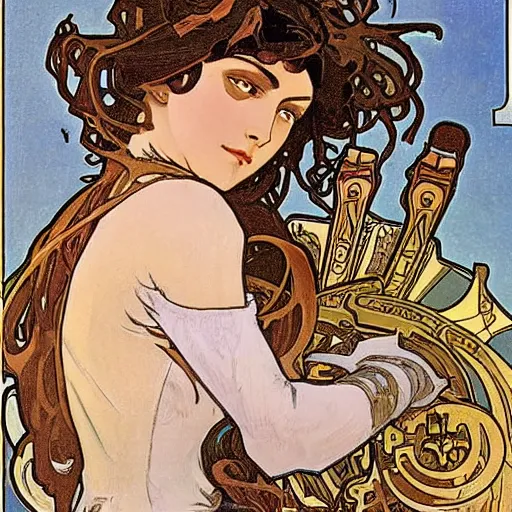 Prompt: battle angel, painted by alphonse mucha