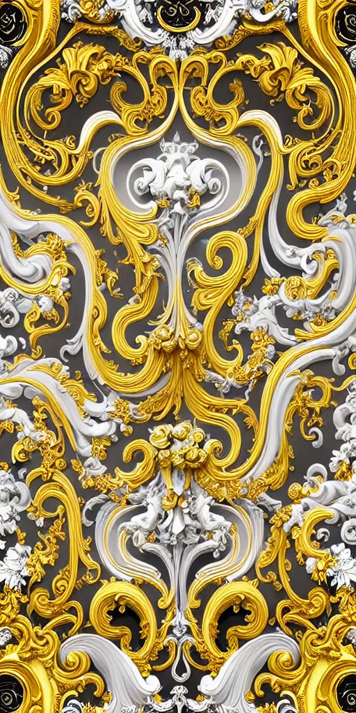 Image similar to the source of future growth dramatic, elaborate emotive Golden Baroque and Rococo styles to emphasise beauty as a transcendental, seamless pattern, symmetrical, large motifs, rainbow syrup splashing and flowing, Palace of Versailles, 8k image, supersharp, spirals and swirls in rococo style, medallions, white smoke, silver black and rainbow colors, perfect symmetry, versace baroque, High Definition, photorealistic, masterpiece, 3D, no blur, sharp focus, photorealistic, insanely detailed and intricate, cinematic lighting, Octane render, epic scene, 8K