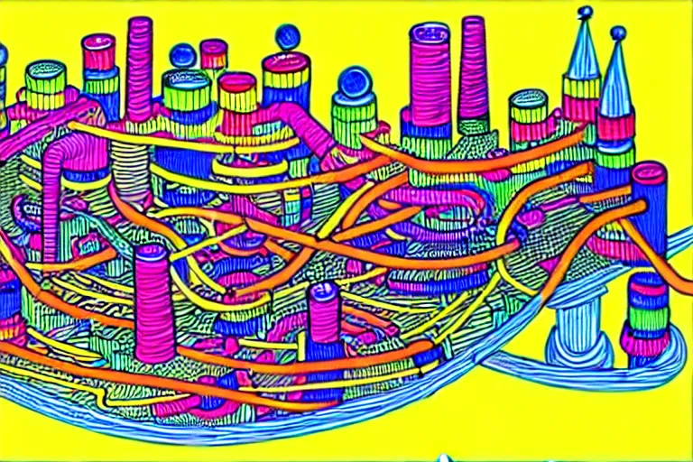 Image similar to an elaborate penned child illustration of a colorful intricate connected city of tubes and pipes, by martin handford and by jan van haasteren