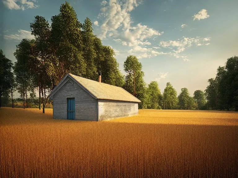 Prompt: hyperrealism design by cornelia konrads photography of beautiful detailed small house around the forest in small ukrainian village by taras shevchenko and wes anderson and caravaggio, wheat field behind the house, volumetric natural light