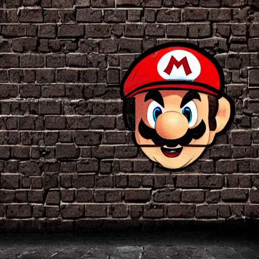 Image similar to super mario peeking behind a brick wall, gritty, dark, scary