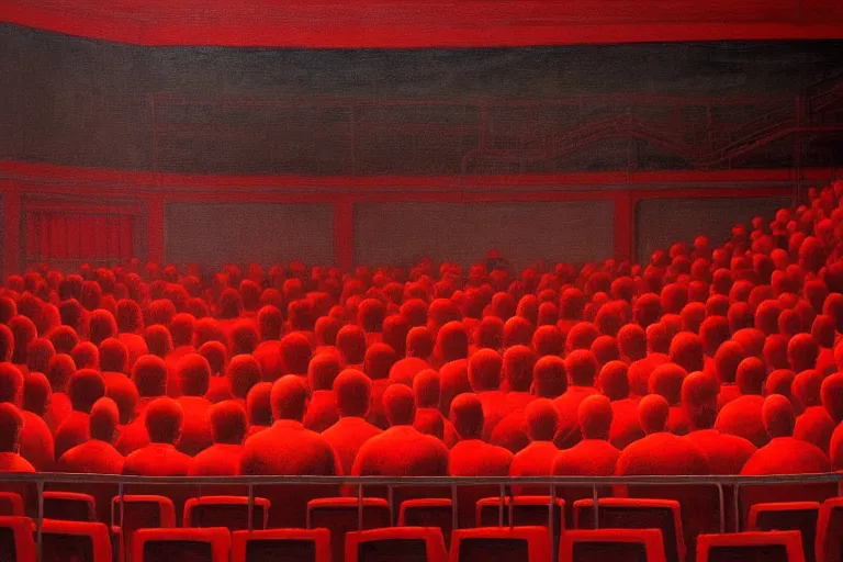 Image similar to only with red, crowd screaming, an exposed painting in a roman theater, in the style of beksinski, parts by edward hopper, parts by rodcenko, parts by yue minjun, intricate and epic composition, red by caravaggio, insanely quality, highly detailed, masterpiece, red light, artstation, 4 k