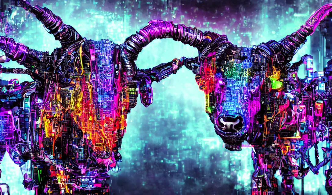 Image similar to complex cyberpunk machine background merged with evil cybernetic goat head in center focus, multicolored digital art