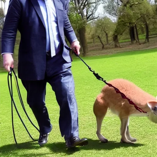 Image similar to Boris Johnson walking his pet kangaroo, adorable, cute, realistic, 4K, HD