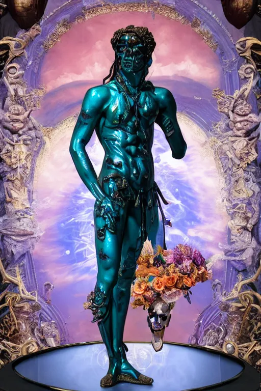 Prompt: a young handsome Latino prince in a full-body bronze cyberpunk style statue of Icarus with glowing blue eyes, crown of peach roses, flowing teal-colored silk, fabric, flowers. baroque elements, human skull. full-length view. baroque element. intricate artwork by caravaggio. many many birds birds on background. Trending on artstation, octane render, cinematic lighting from the right, hyper realism, octane render, 8k, depth of field, 3D