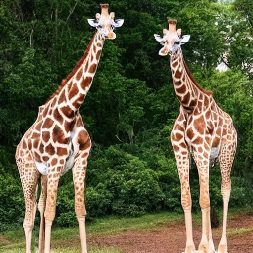 Prompt: giraffe and trex standing next to each other