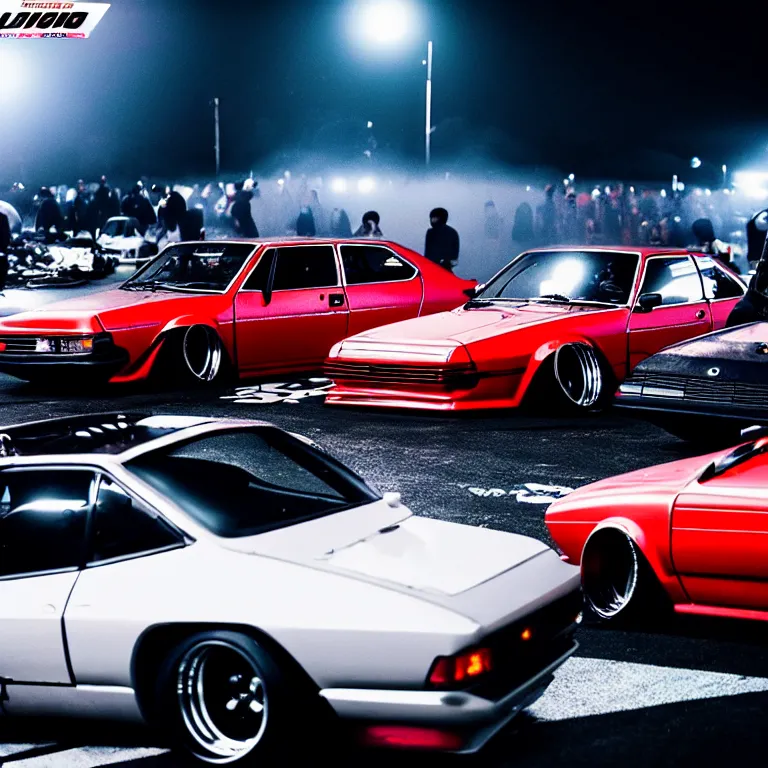 Image similar to a car S30 twin turbo drift at illegal car meet, Gunma prefecture, city midnight mist lights, cinematic lighting, photorealistic, highly detailed wheels, high detail