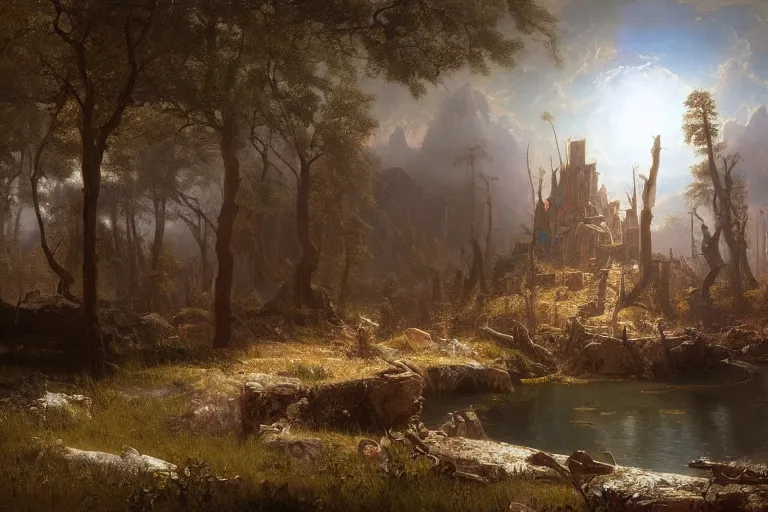 Image similar to painting of a post - apocaliptic wonderland by albert bierstadt, matte painting, unreal engine, 8 k resolution, beautiful, dark ambient