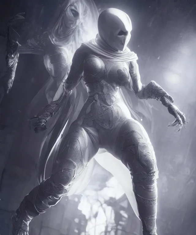 Image similar to female moon knight, hyper detailed, digital art, trending in artstation, cinematic lighting, studio quality, smooth render, unreal engine 5 rendered, octane rendered