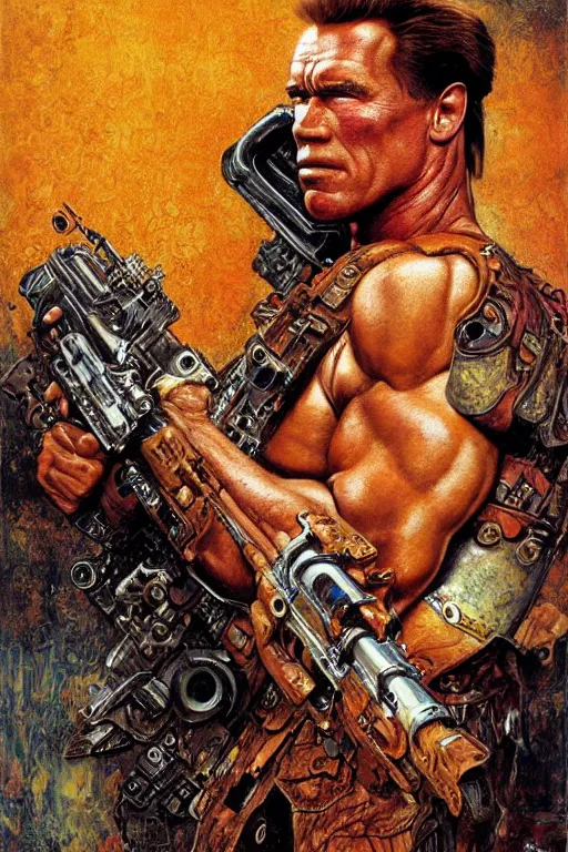 Image similar to character art the contra, bill rizer, arnold schwarzenegger, by karol bak, jean deville, gustav klimt