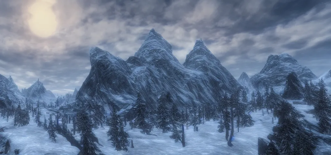 Prompt: skyrim throat of the world mountain as seen from whiterun, skyrim, elder scrolls, winter weather, landscape photography, professional photography, 8k realism, hyper realism, wide shot