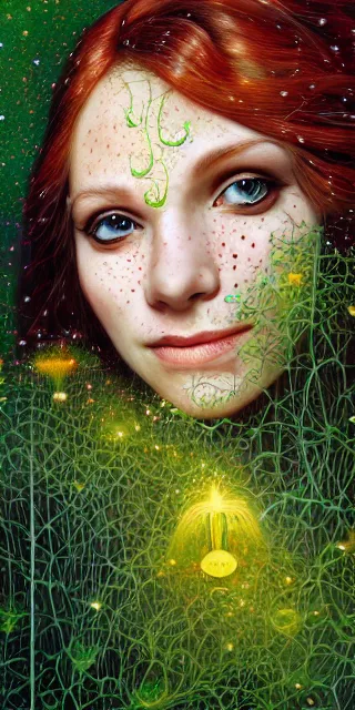 Image similar to infp young woman, smiling amazed, golden fireflies lights, sitting in the midst of nature fully covered, long loose red hair, intricate linework, bright accurate green eyes, small nose with freckles, oval shape face, realistic, expressive emotions, dramatic lights spiritual scene, hyper realistic ultrafine art by michael cheval, jessica rossier, boris vallejo