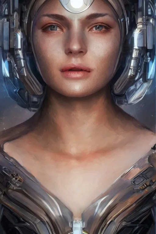 Prompt: Portrait of beautiful smiling Ultra realistic illustration, beautiful alluring female cyborg, cyberpunk, sci-fi, fantasy, intricate, elegant, highly detailed, digital painting, artstation, concept art, smooth, sharp focus, illustration, artgerm.