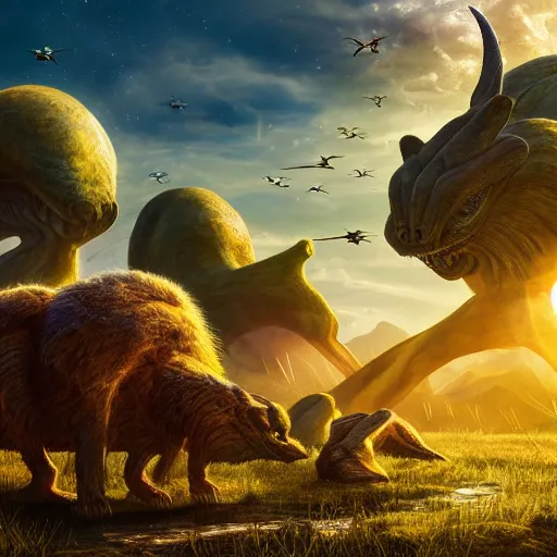 Prompt: landscape image with various different alien animals, extremely detailed digital matte painting, golden hour, vibrant, sunbeams, stunning lighting