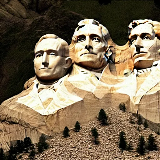 Prompt: jeff bezos elon musk and bill gates carved in mount rushmore, award winning photography, 8 k, golden hour