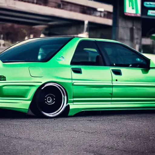 Image similar to four-door green jdm acura integra at a japanese car meet, lowered with hre wheels