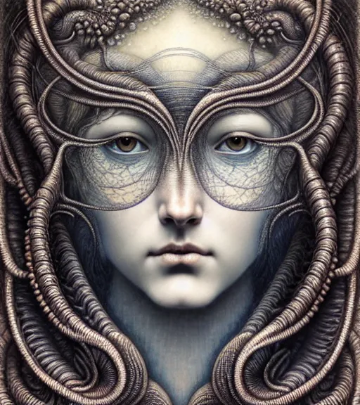 Prompt: detailed realistic beautiful ocean goddess face portrait by jean delville, gustave dore, iris van herpen and marco mazzoni, art forms of nature by ernst haeckel, art nouveau, symbolist, visionary, gothic, neo - gothic, pre - raphaelite, fractal lace, intricate alien botanicals, ai biodiversity, surreality, hyperdetailed ultrasharp octane render