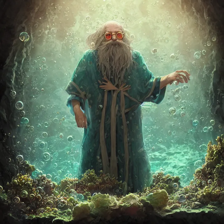 Prompt: an old wizard with seaweed for hairs and beard, wearing fluent multicolored robes in an underwater alchemical laboratory. digital illustration. fantasy. detailed. waterbubbles. by artgerm, wlop, james jean, andrei riabovitchev, marc simonetti, yoshitaka amano