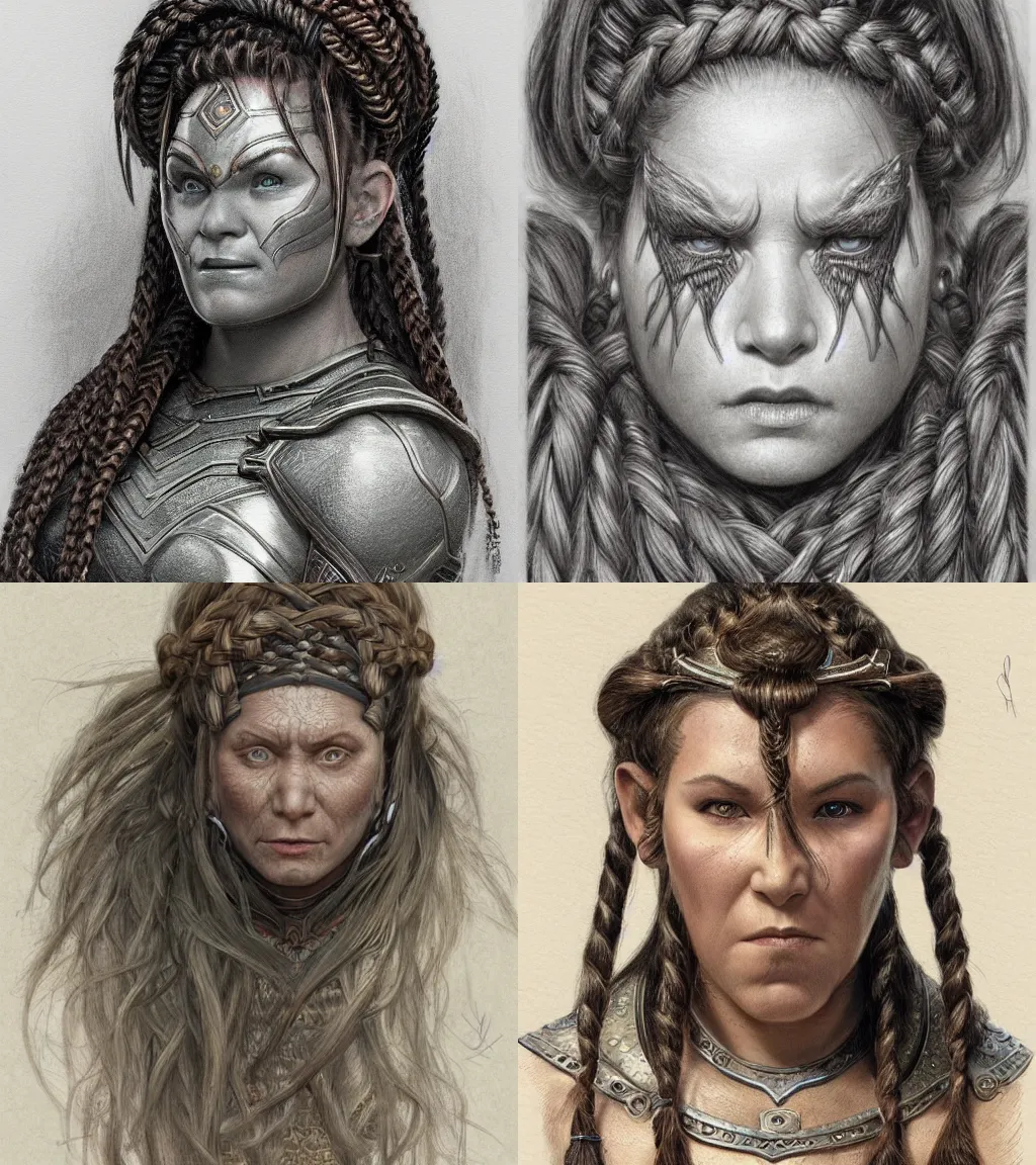 Prompt: robust female dwarven warrior | complex braided hairstyle | pencil sketch | hyperdetailed | donato giancola | frontal view |