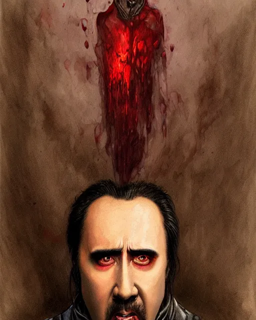 Prompt: nicolas cage as dracula, drink blood, highly detailed, centered, artstation, concept art, smooth, sharp focus, illustration, bokeh art by artgerm and donato giancola and joseph christian leyendecker zdzisław beksinski