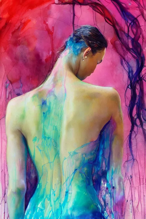 Image similar to gal gadot by agnes cecile enki bilal moebius, intricated details, 3 / 4 back view, full body portrait, extremely luminous bright design, pastel colours, drips, autumn lights