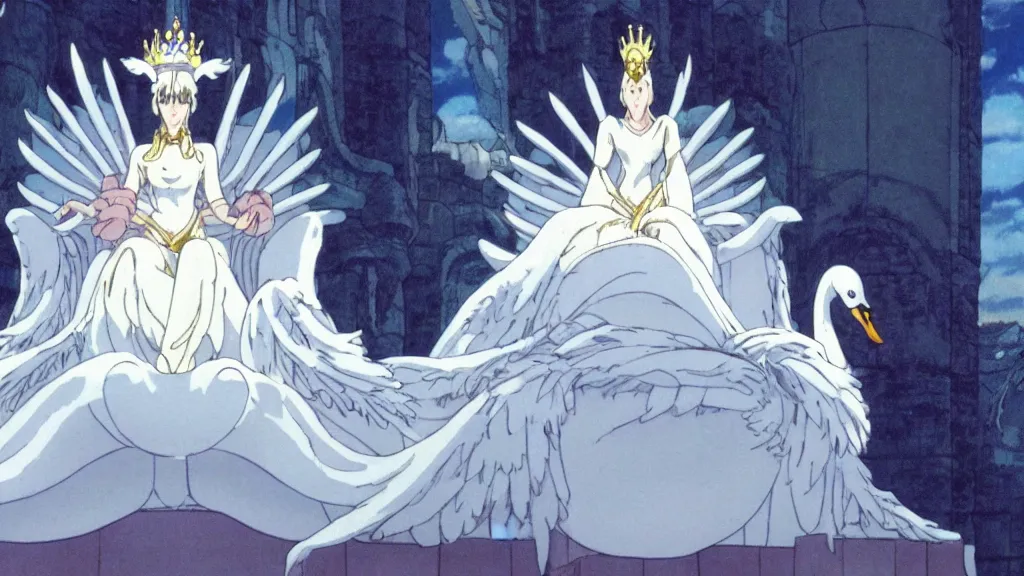 Image similar to a queen dressed as a white swan, wearing a swan mask, sitting in her white stone throne room, anime film still from the an anime directed by katsuhiro otomo with art direction by salvador dali, wide lens