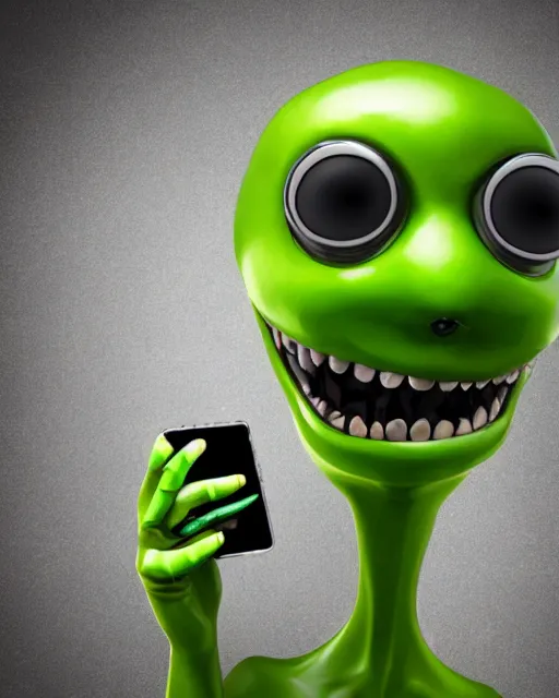 Prompt: Green alien taking a selfie with an iPhone