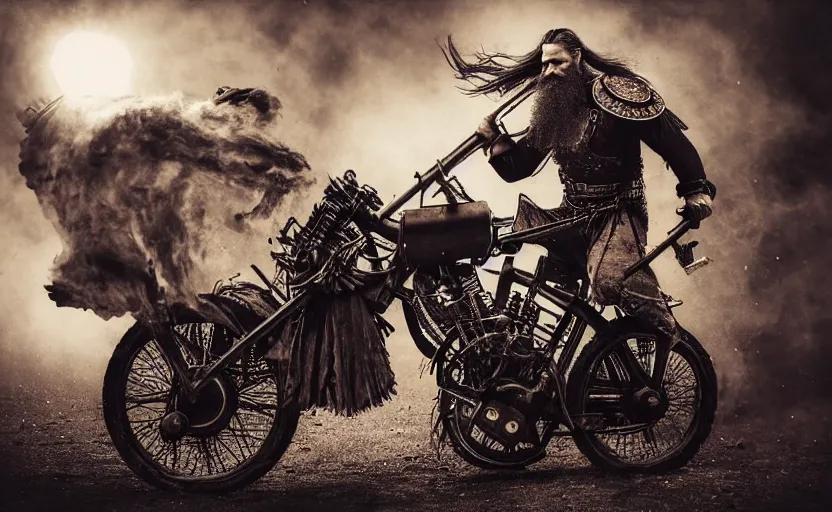 Image similar to old vintage full body photo of ancient viking warrior with full beard riding on the complex steam punk engine with one wheel, extreme sports photography ,super high speed photography, dynamic photography,symmetrical face, clean face, muscular body, high speed,dirt and grawel in air, lens flares, dust partiles in the air, dramatic lighting, intricate, highly detailed, centered, smooth, sharp focus, sports photography, old photo, black and white, sepia, cinematic lighting, cinematic angle, national geographic