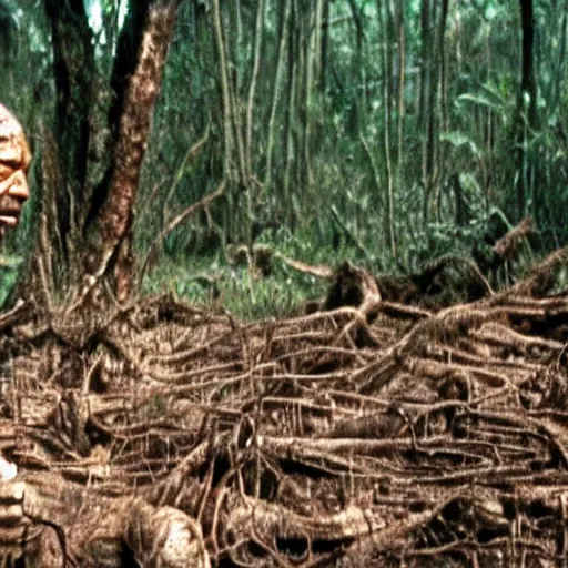 Prompt: cinematic still of morgan freeman, covered in mud and watching a predator in a swamp in 1 9 8 7 movie predator, hd, 4 k