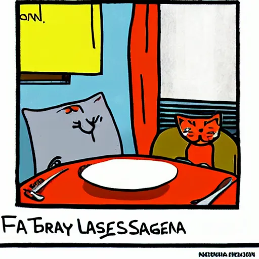 Image similar to fat orange cat on a table with lasagna new yorker cartoon