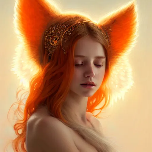 Prompt: Portrait of a girl angel with pale orange colored fuzzy frizzy hair, cat ears on her head, glowing halo, wings on her back, fantasy, intricate, elegant, highly detailed, digital painting, artstation, concept art, smooth, sharp focus, illustration, art by Krenz Cushart and Artem Demura and alphonse mucha