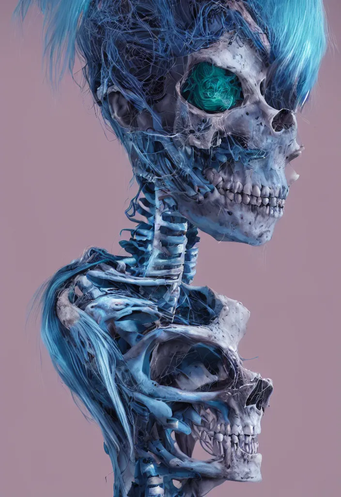 Image similar to portrait of female alt model with blue hair as a skeleton. intricate abstract. intricate artwork. nightmare fuel. by Tooth Wu, wlop, beeple, dan mumford. octane render, trending on artstation, greg rutkowski very coherent symmetrical artwork. cinematic, hyper realism, high detail, octane render, 8k, iridescent accents