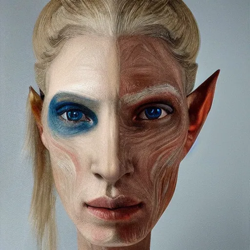 Prompt: Intricate five star Ice Elf facial portrait by Pablo Picasso, oil on canvas, Skin texture, hyperrealism, high detail, matte finish, high contrast, 3d depth, masterpiece, vivid colors, artstationhd