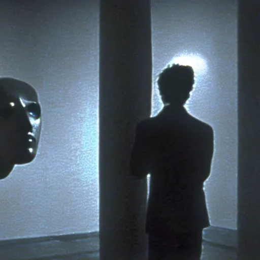 Image similar to a man and a robot in a moment of jealousy, movie still, Movie by Andrzej Zulawski and David Lynch