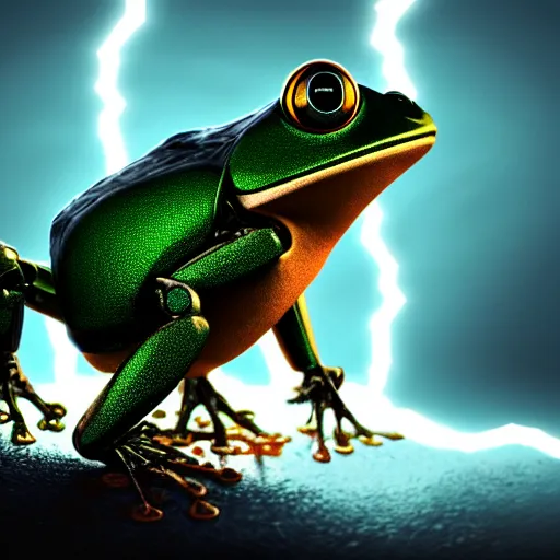 Prompt: Robot frog, 4k, trending on artstation, dramatic lightning, highly detailed, cinematic, illustration,