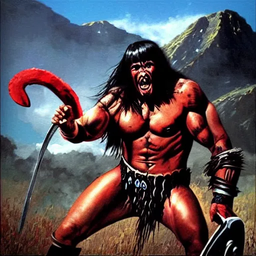 Image similar to “ conan the barbarian ” attacks “ giant black spider with red eyes ”. “ painting by ernie chan and earl norem. ”