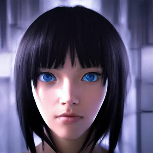 Image similar to « portrait, attractive, blue eyes, black hair, middle length hair, ghost in the shell, front view, unreal engine 5 »