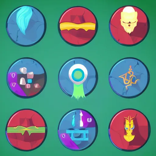 Prompt: wizard skills icons set, UI, HD vector art, trending on artstation