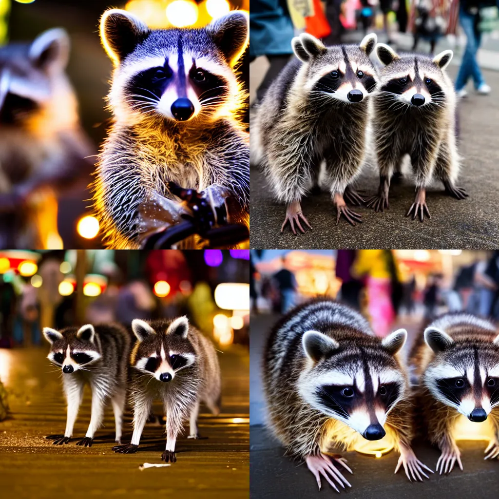 Prompt: closeup of two raccoons wearing yukatas, walking in front of matsuri food stands 4k, glowing lights, sharp focus, DSLR