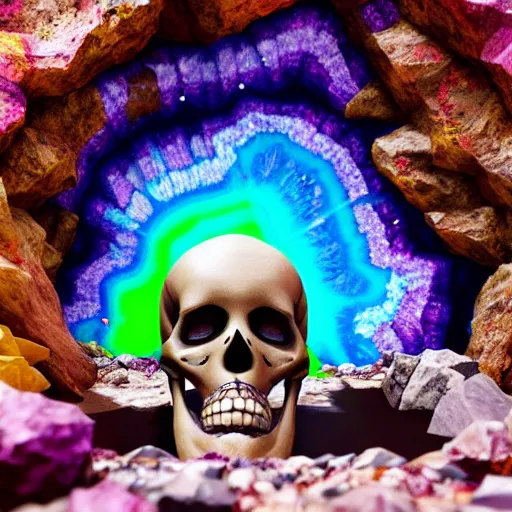 Image similar to ( a skeleton in a colorful geode ), ( ultra realistic, ultra 4 k, provided by unreal engine, artstation, archeological discover, realisms, photography )