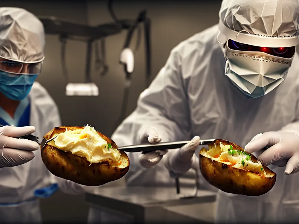 Prompt: surgeon operating on a baked potato, science fiction industrial hard science concept art, 8K render octane high definition cgsociety, photorealistic, unreal engine