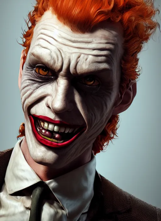 Image similar to portrait of a curly orange hair man looking like joker from batman, au naturel, hyper detailed, digital art, trending in artstation, cinematic lighting, studio quality, smooth render, unreal engine 5 rendered, octane rendered, art style by klimt and nixeu and ian sprigger and wlop and krenz cushart and marvel and dc