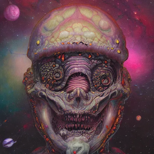 Prompt: A beautiful detailed cosmic horror portrait painting 'Head floating in the dimension of doom' by Takashi Murakami and Wayne Barlowe, hubble deep field in the background, Trending on cgsociety artstation, 8k, masterpiece, in the style of DiscoDiffusion.