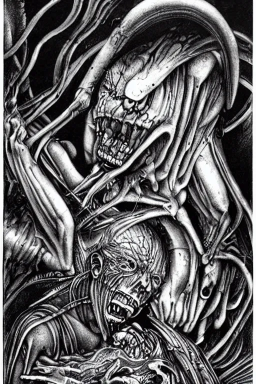 Image similar to saturn devouring his son in the syle of giger, giger, extremely detailed